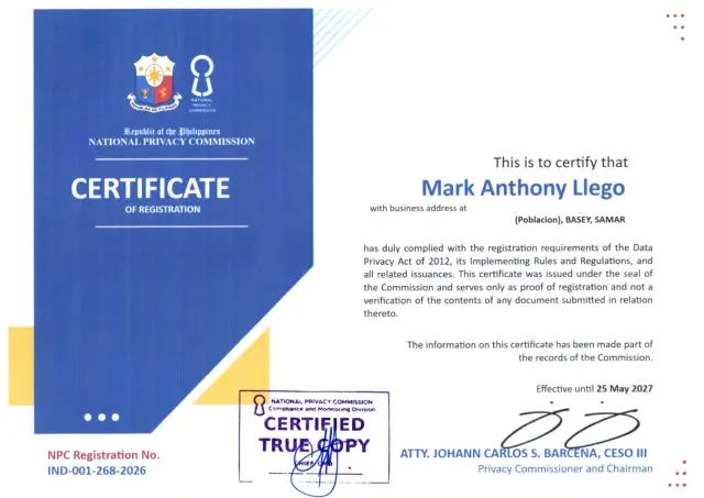 Scanned National Privacy Commission Certificate of Registration for Mark Anthony Llego.